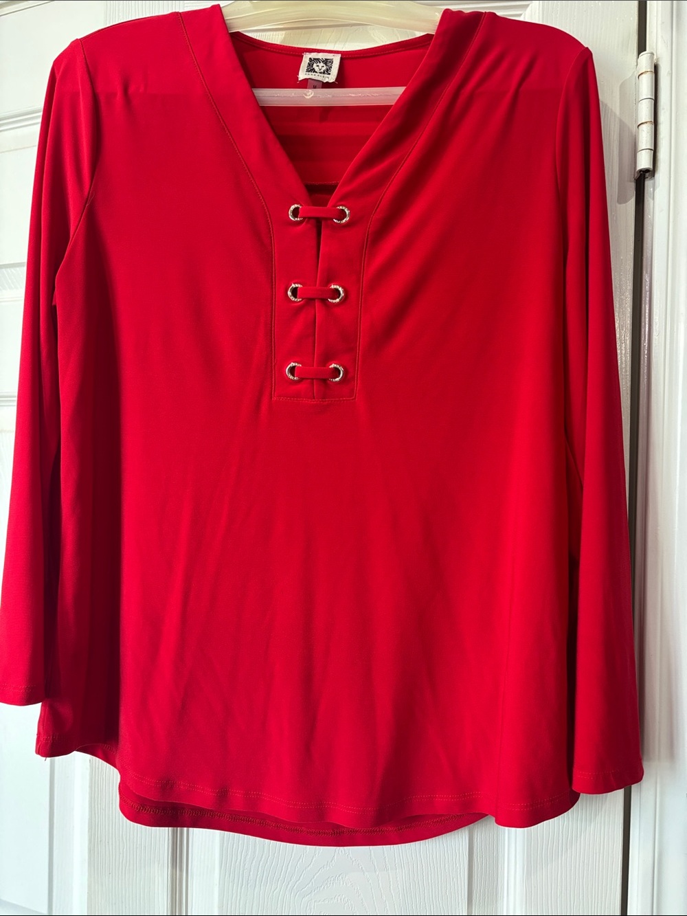 Anne Klein Women’s Red V-Neck Laced-front 3/4 Sleeve Top
